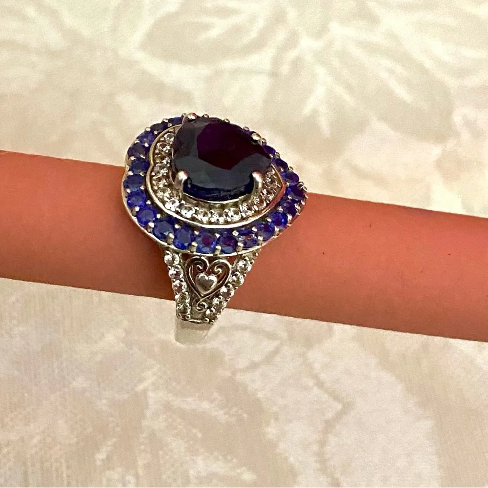Sapphire heart shaped ring 7.75 cwt platinum over sterling silver size 7